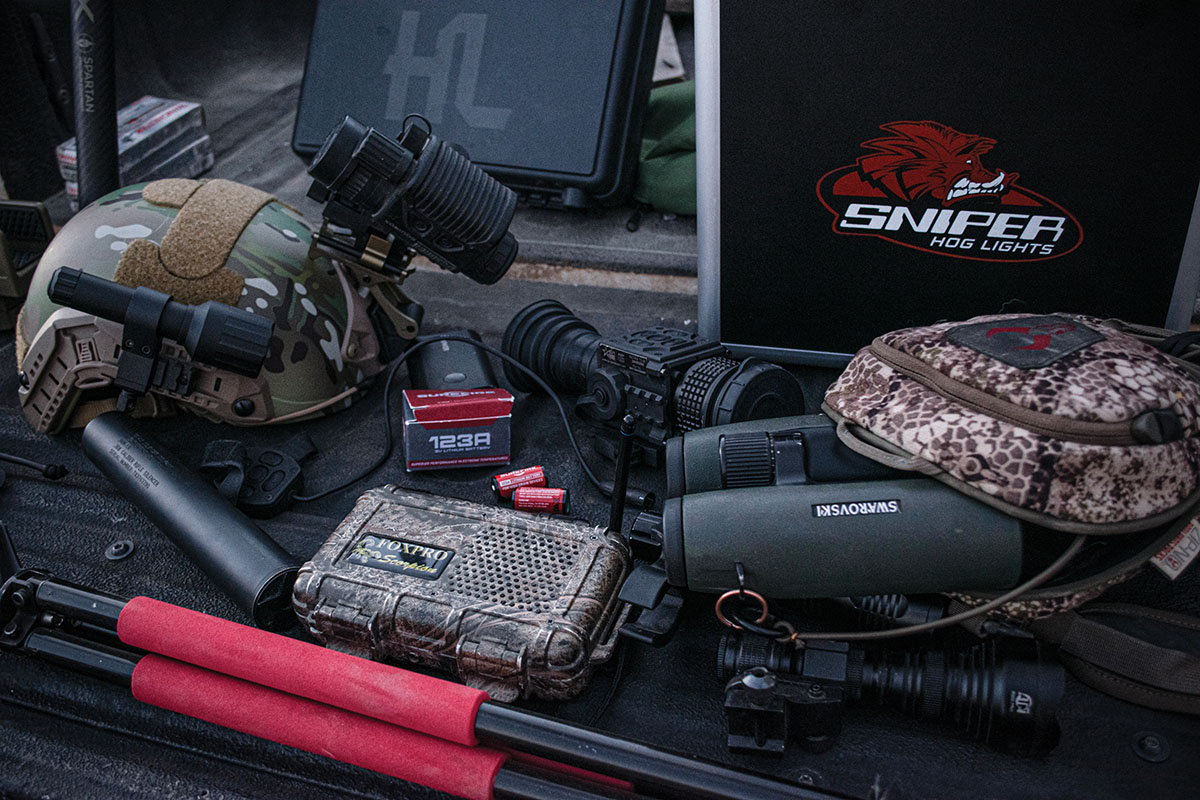 Some of the gear typically taken into the field for nighttime predator hunting, a good e-call has become a staple. Foxpro has good sounds and this now-discontinued Scorpion fits nicely in a cargo pocket. Don’t forget extra batteries for all the equipment and lights.